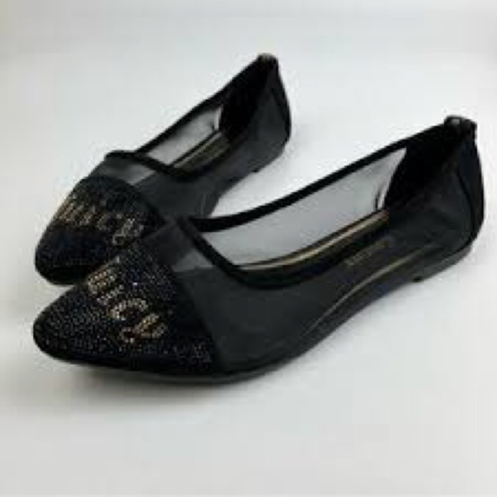 Juicy Couture Sz 7.5 Penny Logo Spell Out Mesh Flats NWOT Rhinestone Jewelled